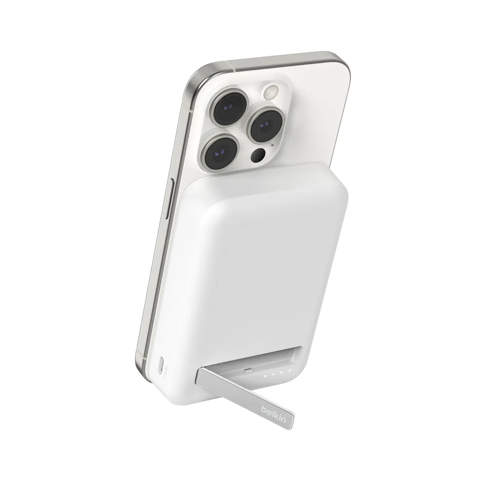 Baterí externa de 10,000 mAh Qi2 MagSafe con soporte de Belkin - Blanco para Mandos Distancia