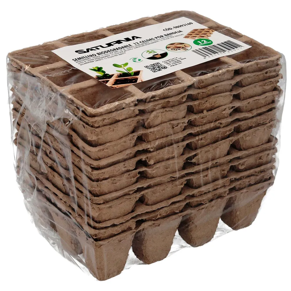 Baterí de 9V Semilleros Biodegradables 16x12 cm. Pack 12 Bandejas Con 12 Celdas Para Siembra / Germinacion De Plantas