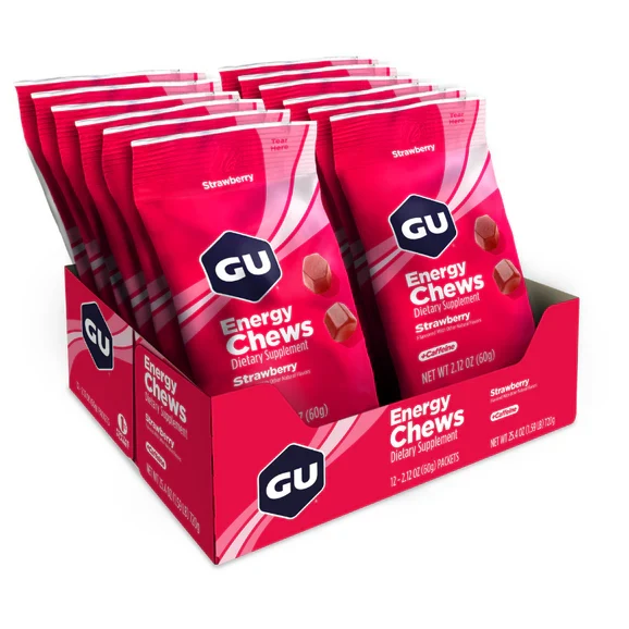 Caja de Gomitas Chews Strawberry Gu Energy (12 Unidades) Listas para Usar