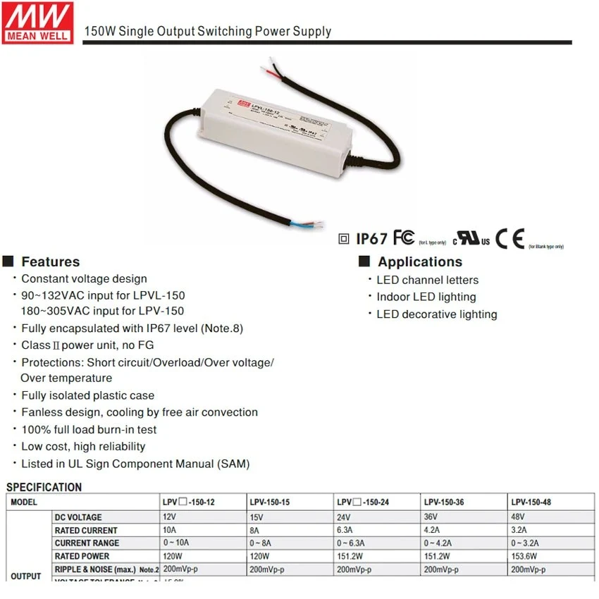 Fuente Alimentación LED Estanca 12V 150W LPV