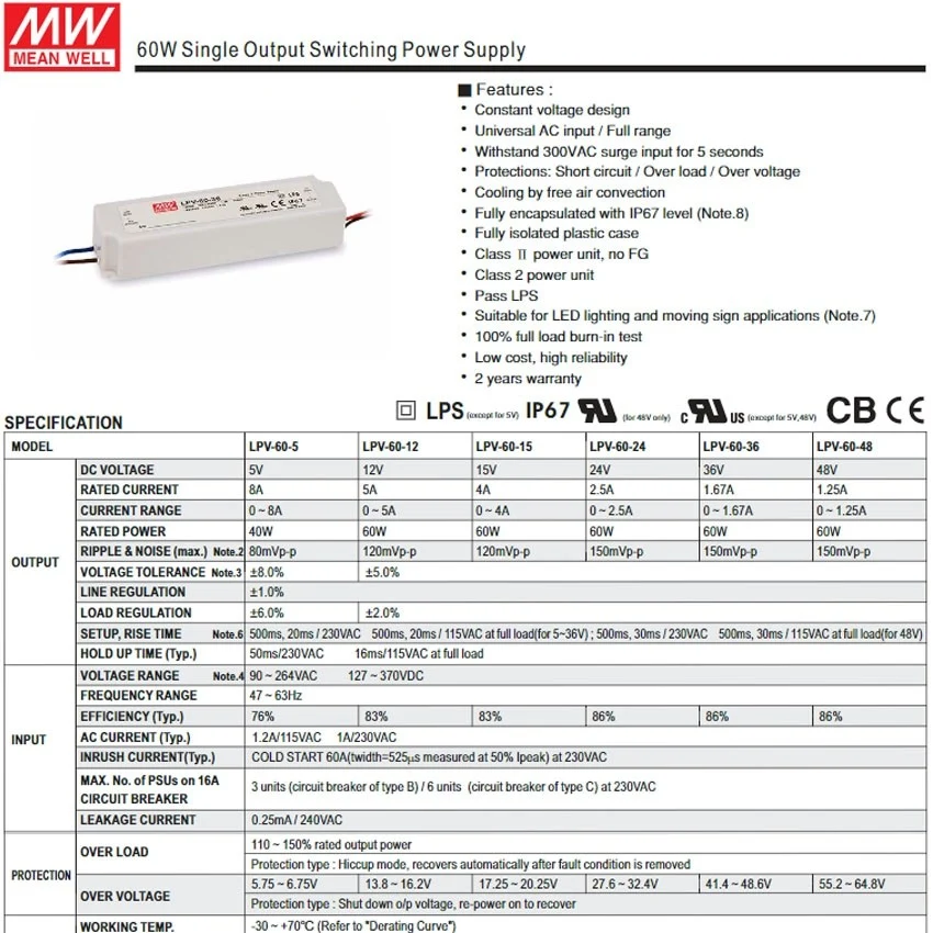 Fuente Alimentación LED Estanca 12V 60W LPV para Dispositivos de Alto Consumo