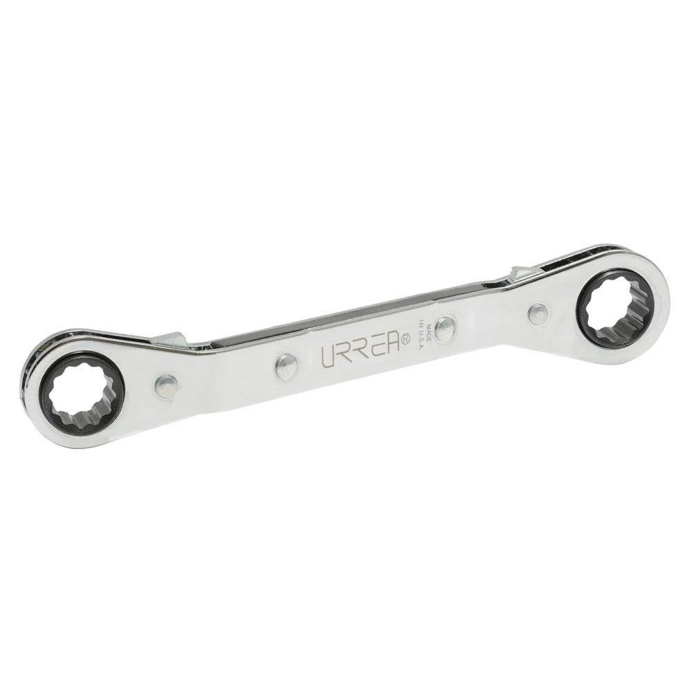 Llave de estrías pulido espejo acodada de matraca en pulgadas, 12 puntas, 1/2" x 9/16" Urrea con Estuche de Almacenamiento