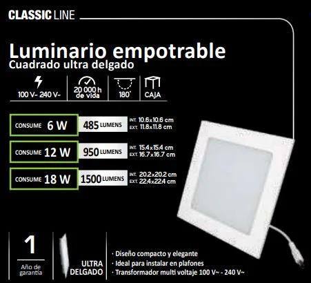 LUMINARIO EMPOTRABLE CUADRADO 12W LUZ CÁLIDA con Cargador Incluido