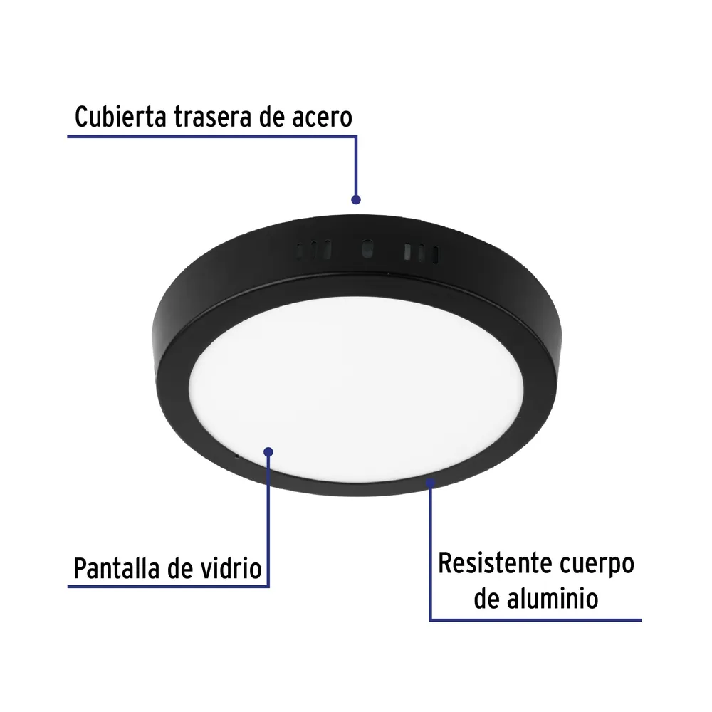 Luminario de LED 12 W redondo tipo plafón luz de dí, negro para Dispositivos de Alto Consumo