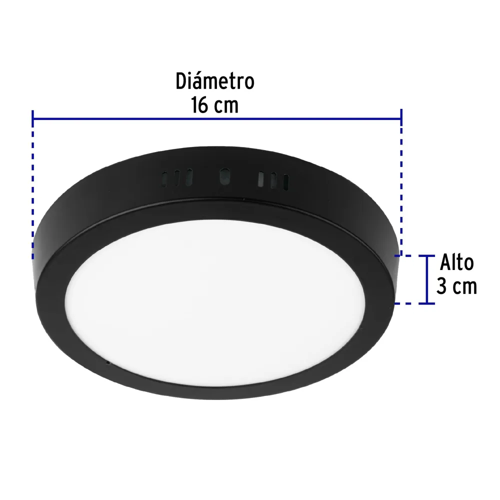 Luminario de LED 12 W redondo tipo plafón luz de dí, negro para Dispositivos de Alto Consumo