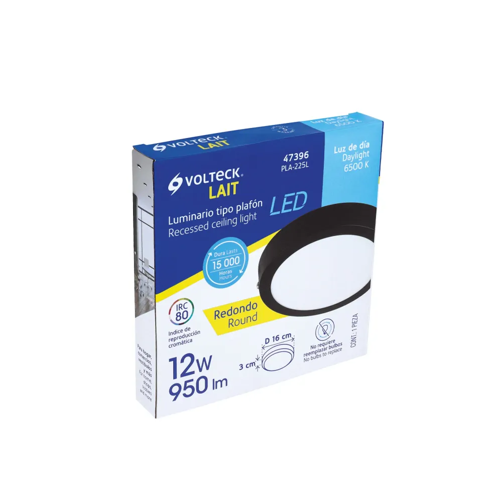 Luminario de LED 12 W redondo tipo plafón luz de dí, negro para Dispositivos de Alto Consumo