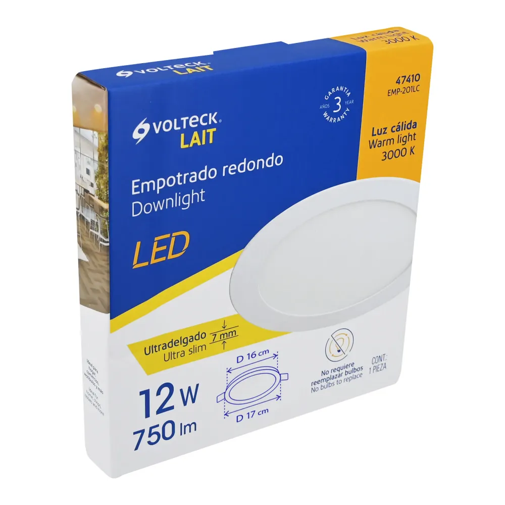 Luminario ultradelgado redondo p/empotrar 12W, luz cálida | Envío Rápido