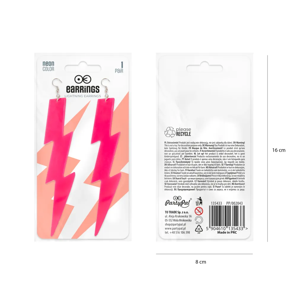 Pendientes neón Rayo rosa 12cm con Estuche de Almacenamiento