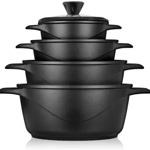 Pilas Alcalinas Briebe MGK12S Baterí de Cocina Inducción 8 Piezas Aluminio Fundido 4 Ollas con Tapa de Cristal Antiadheren...