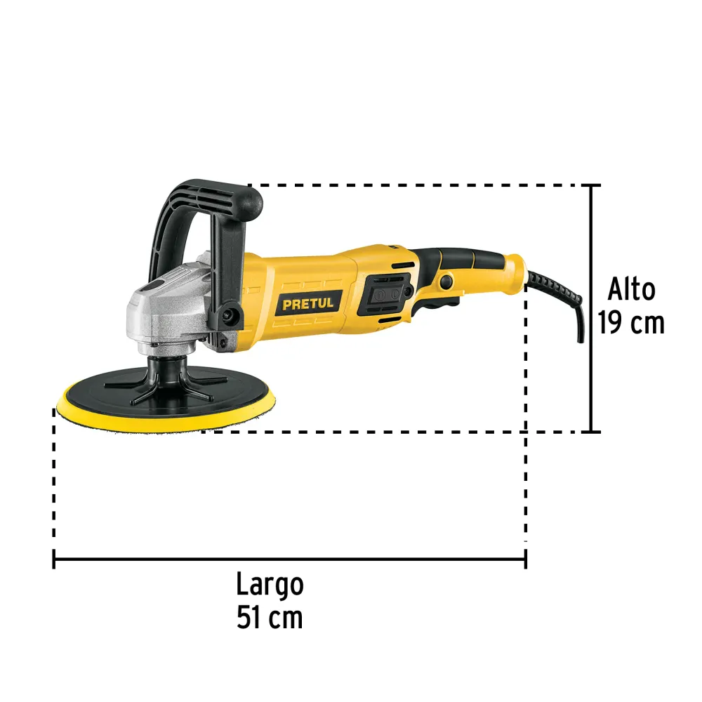 Pilas Alcalinas Pulidora velocidad variable 7" 1200W, c/accesorios, PRETUL