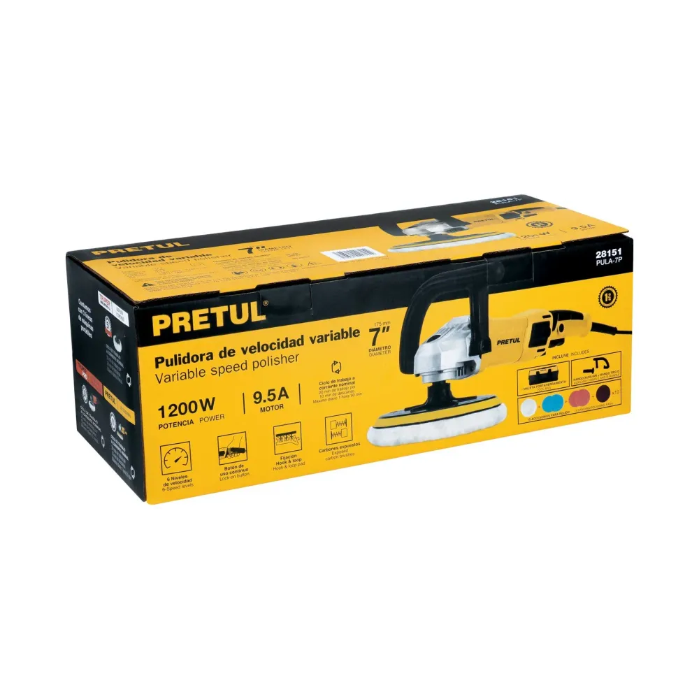 Pilas Alcalinas Pulidora velocidad variable 7" 1200W, c/accesorios, PRETUL