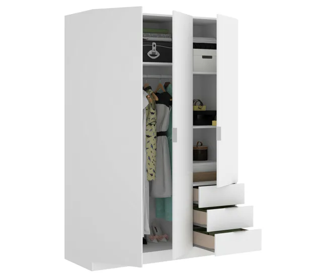 Recargables Premium Dbarro Armario, Percha para dormitorio, Armario con 3 puertas batientes y 3 cajones, 121x52h184 cm, Bl...