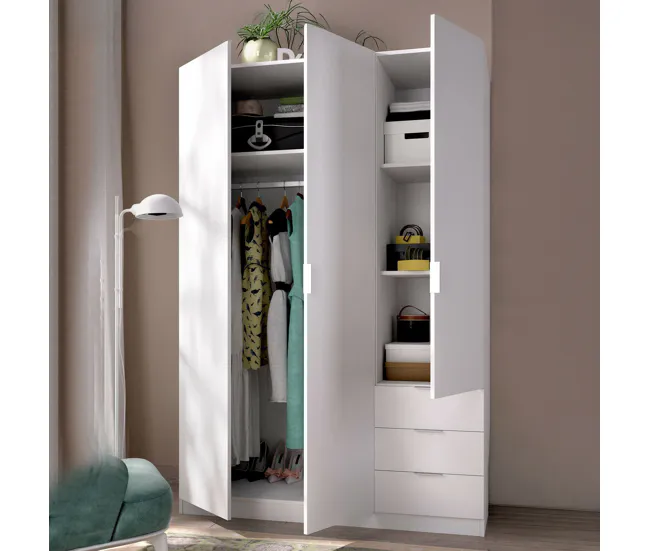 Recargables Premium Dbarro Armario, Percha para dormitorio, Armario con 3 puertas batientes y 3 cajones, 121x52h184 cm, Bl...
