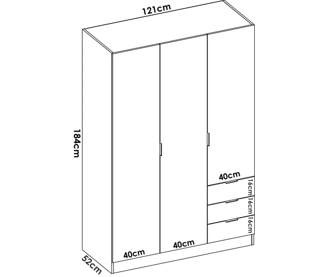 Recargables Premium Dbarro Armario, Percha para dormitorio, Armario con 3 puertas batientes y 3 cajones, 121x52h184 cm, Bl...