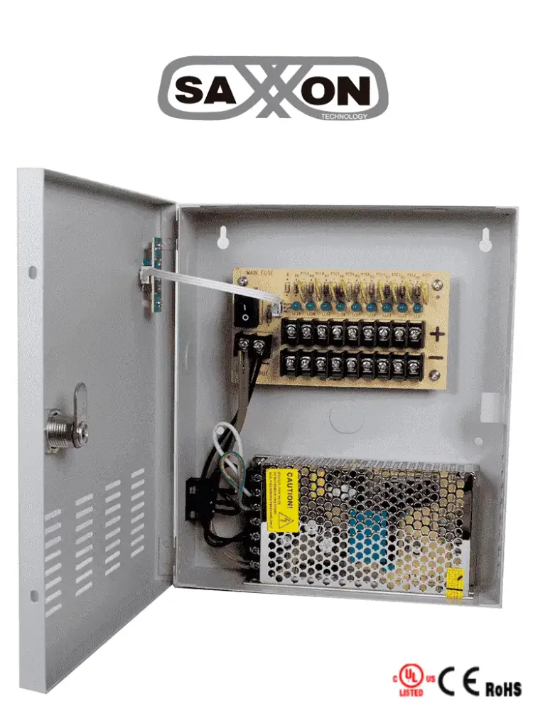 SAXXON PSU1210D9 - Fuente de Poder de 12 vcd/ 10 Amperes/ Para 9 Camaras/ 1.1 Amper por Canal/ Protección contra Sobrecarg...