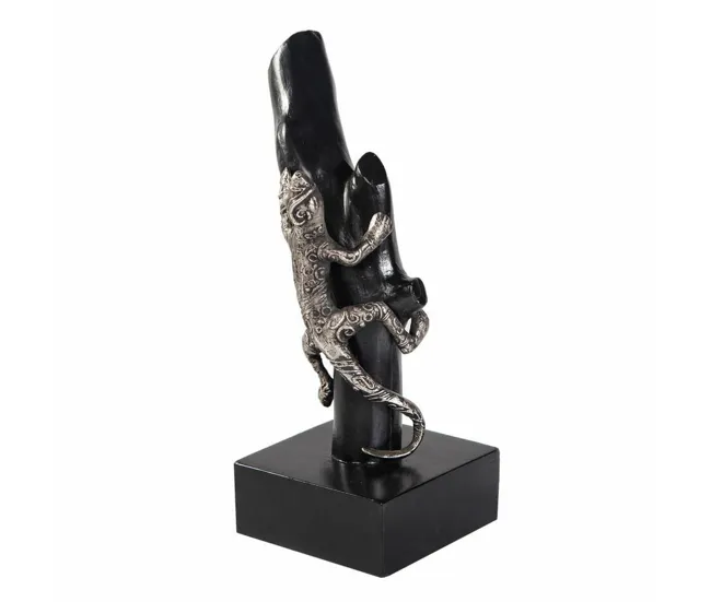 Figura Decorativa Alexandra House Living Negro Plateado Acero Madera de mango Lagarto 17 x 32 x 13 cm