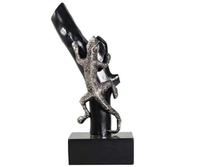 Figura Decorativa Alexandra House Living Negro Plateado Acero Madera de mango Lagarto 17 x 32 x 13 cm