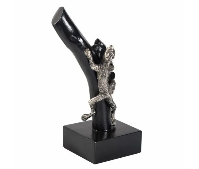Figura Decorativa Alexandra House Living Negro Plateado Acero Madera de mango Lagarto 17 x 32 x 13 cm
