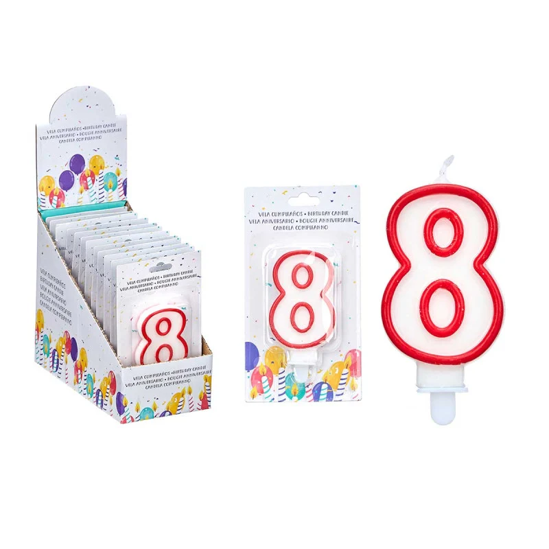 Vela Cumpleaños Número 8 Blanca borde Rojo 2D-06-B