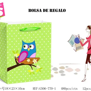 Pack 12 Bolsas Papel de Regalo 18x23x10cm Diseño Buhos Verde 3E-04-C