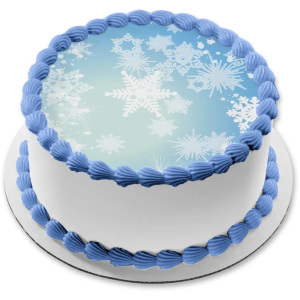 Copos de nieve y patrón de estrellas, fondo azul, decoración comestible para tarta, imagen ABPID13524 A Birthday Place