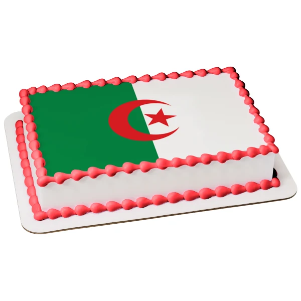 Decoración comestible para tarta con la bandera nacional de Argelia, color verde, blanco, rojo, estrella y media luna, ima...