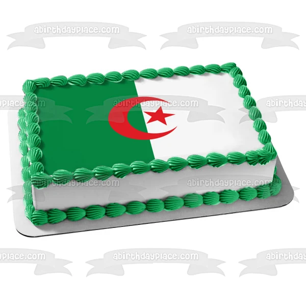 Decoración comestible para tarta con la bandera nacional de Argelia, color verde, blanco, rojo, estrella y media luna, ima...