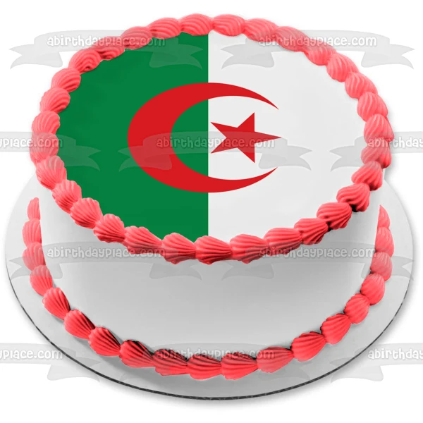 Decoración comestible para tarta con la bandera nacional de Argelia, color verde, blanco, rojo, estrella y media luna, ima...
