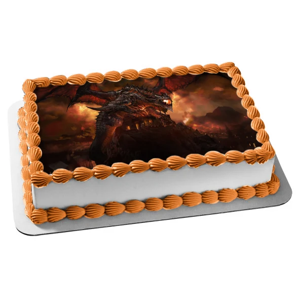 Decoración comestible para tarta con diseño de dragón, fantasí medieval, monstruo, fuego, imagen ABPID52886 A Birthday Place