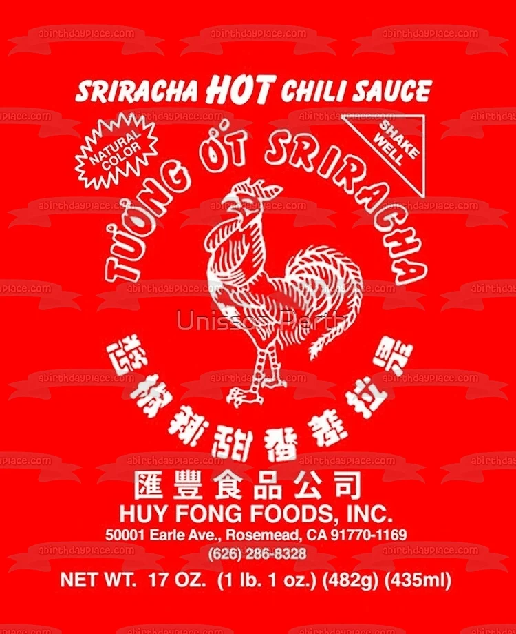 Etiqueta de salsa de chile picante Sriracha Imagen comestible para decoración de pastel ABPID52861 A Birthday Place
