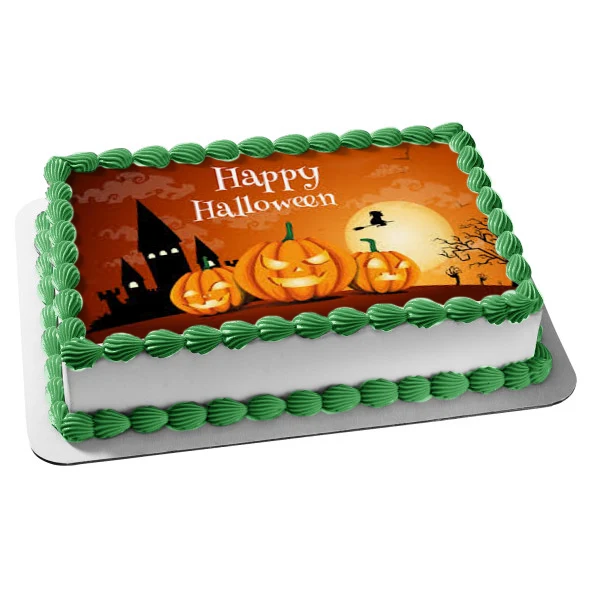 Feliz Halloween Bruja voladora en una escoba Scary Jack-O-Lanterns Imagen comestible para decoración de tarta ABPID52672 A...