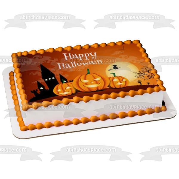 Feliz Halloween Bruja voladora en una escoba Scary Jack-O-Lanterns Imagen comestible para decoración de tarta ABPID52672 A...