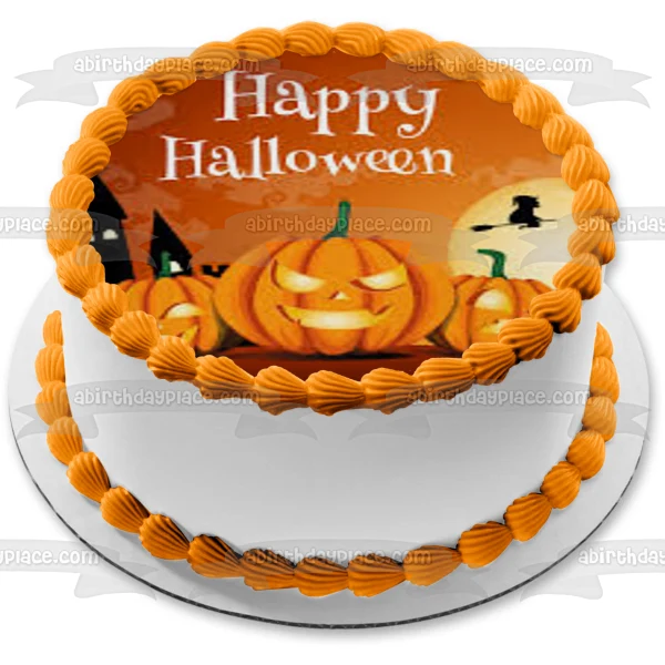 Feliz Halloween Bruja voladora en una escoba Scary Jack-O-Lanterns Imagen comestible para decoración de tarta ABPID52672 A...