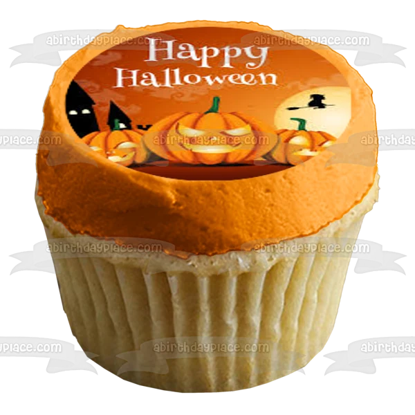 Feliz Halloween Bruja voladora en una escoba Scary Jack-O-Lanterns Imagen comestible para decoración de tarta ABPID52672 A...