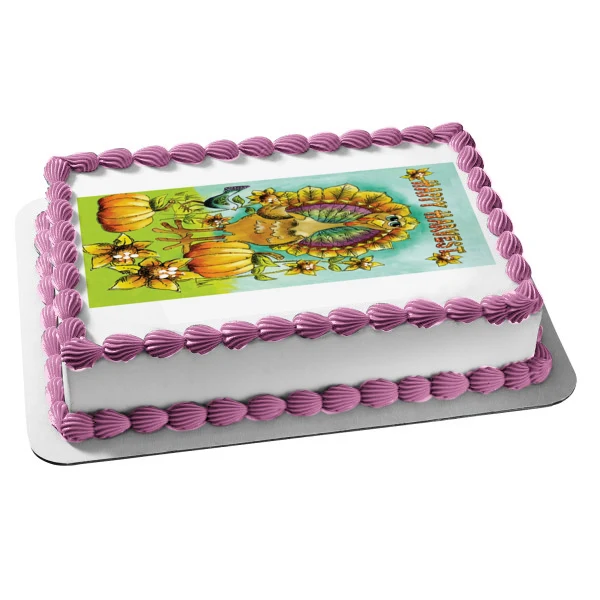 Happy Harvest Colorido Pavo Calabazas Girasol Decoración comestible para tarta Imagen ABPID52711 A Birthday Place