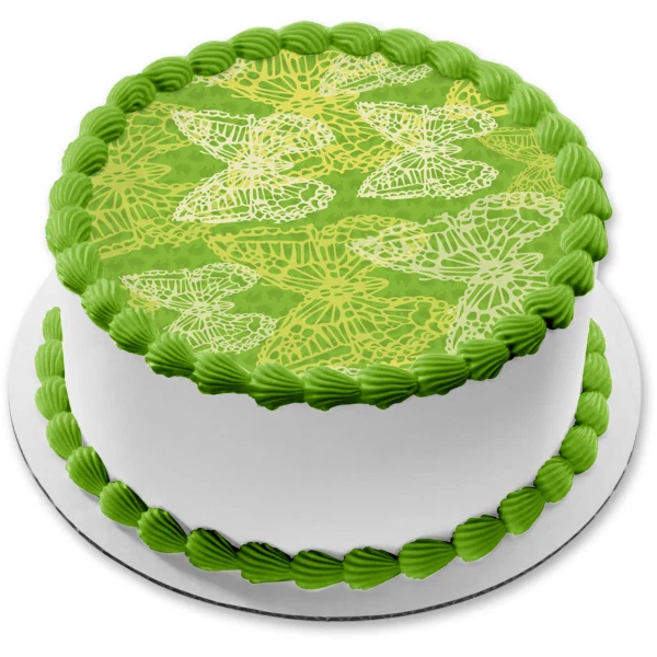 Imagen comestible para decoración de tarta con fondo verde y mariposas blancas y doradas ABPID13229 A Birthday Place