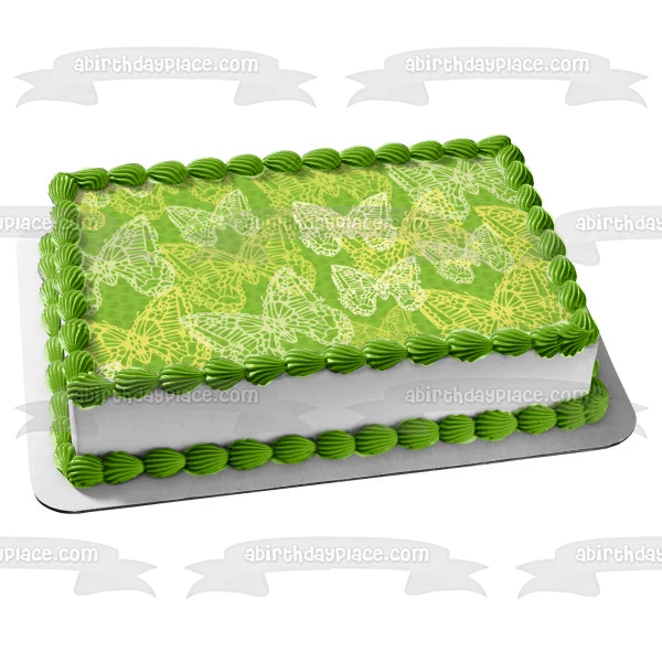 Imagen comestible para decoración de tarta con fondo verde y mariposas blancas y doradas ABPID13229 A Birthday Place