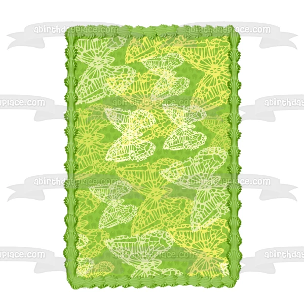 Imagen comestible para decoración de tarta con fondo verde y mariposas blancas y doradas ABPID13229 A Birthday Place