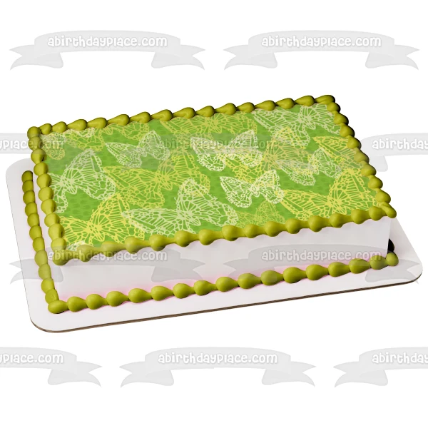 Imagen comestible para decoración de tarta con fondo verde y mariposas blancas y doradas ABPID13229 A Birthday Place