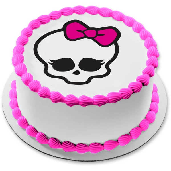 Imagen comestible para decoración de tarta con lazo rosa y calavera de Monster High ABPID52761 A Birthday Place