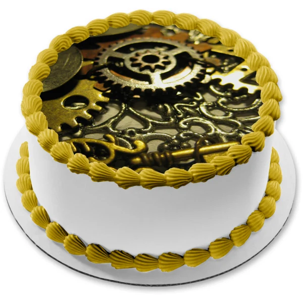 Imagen comestible para decoración de tarta con engranajes Steampunk ABPID52564 A Birthday Place