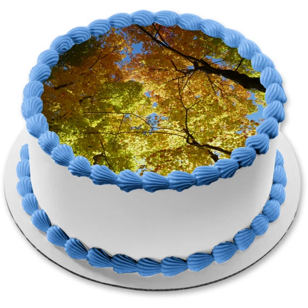 Imagen de decoración comestible para tarta con hojas coloridas de árboles otoñales ABPID52605 A Birthday Place