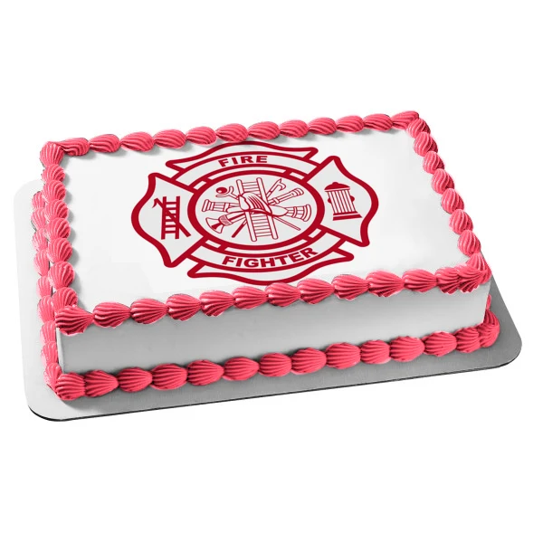 Imagen de decoración comestible para tarta con logotipo de bombero, escalera, boca de incendios, color rojo, ABPID13013 A...