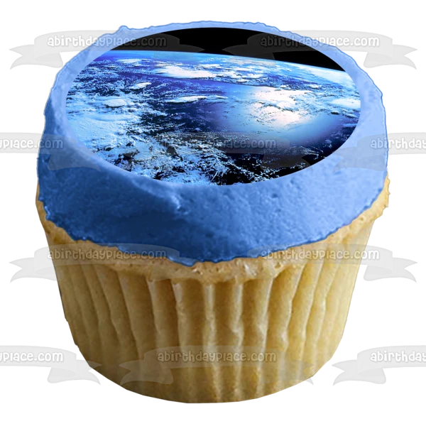 Imagen de decoración comestible para tarta con vista de la Tierra desde el espacio exterior ABPID52562 A Birthday Place