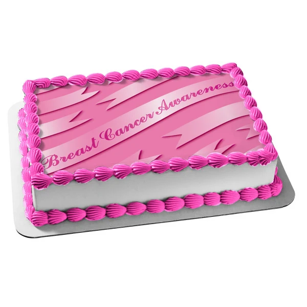Imagen de decoración comestible para tarta con pancartas de cinta rosa para concientización sobre el cáncer de mama ABPID1...