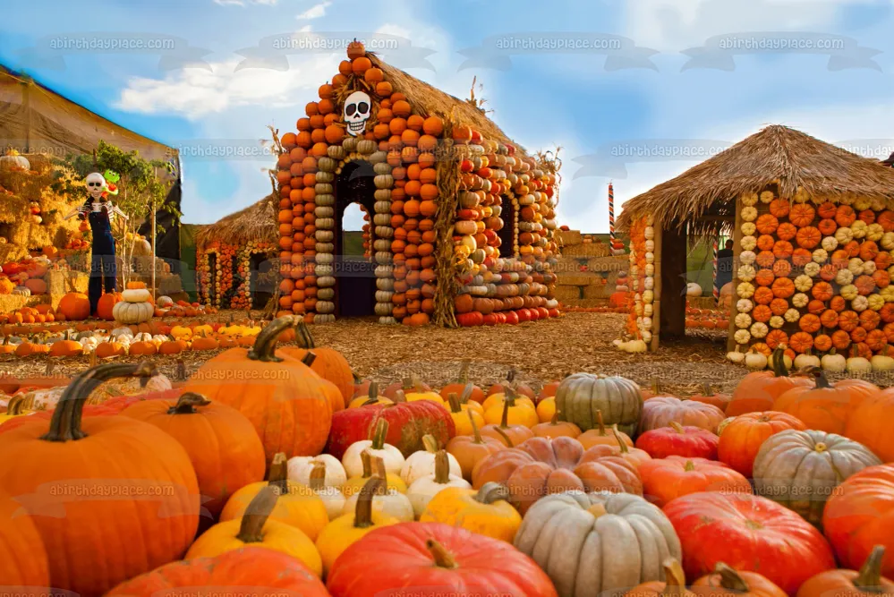Imagen de decoración comestible para tarta de Happy Halloween Pumpkin Houses ABPID52692 A Birthday Place
