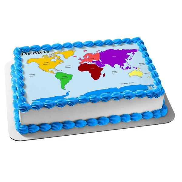 Imagen de decoración comestible para tarta, mapa del mundo, continentes, océanos, ABPID11371 A Birthday Place