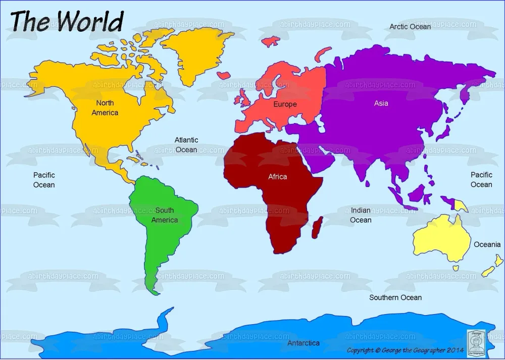 Imagen de decoración comestible para tarta, mapa del mundo, continentes, océanos, ABPID11371 A Birthday Place