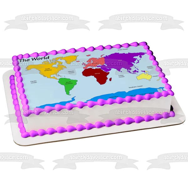 Imagen de decoración comestible para tarta, mapa del mundo, continentes, océanos, ABPID11371 A Birthday Place