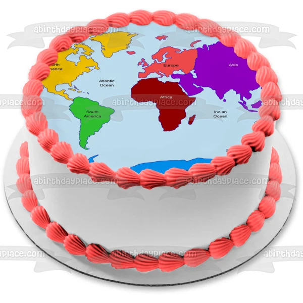 Imagen de decoración comestible para tarta, mapa del mundo, continentes, océanos, ABPID11371 A Birthday Place